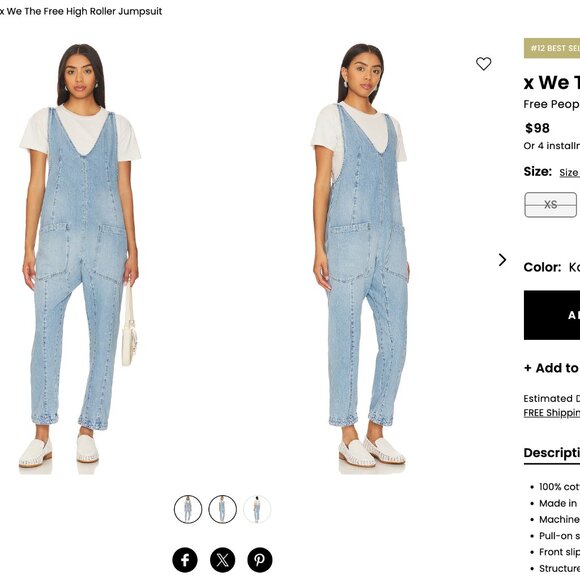 We the Free People High Roller denim jean baggy overalls jumpsuit onesie XS - Picture 15 of 16